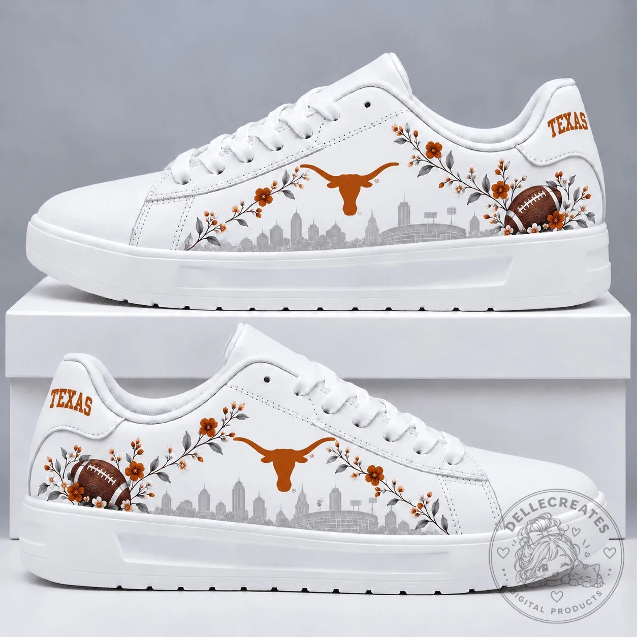 Texas Longhorns Football Floral Pattern White Sneakers