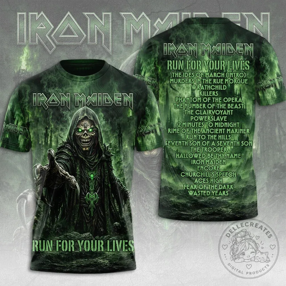 Graphic Print T-Shirt Featuring Iron Maiden's Run For Your Lives Album Artwork