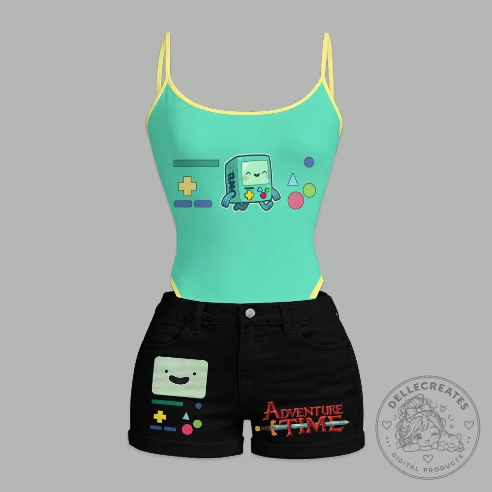 Adventure Time BMO Character Graphic Print Bodysuit and Shorts Set