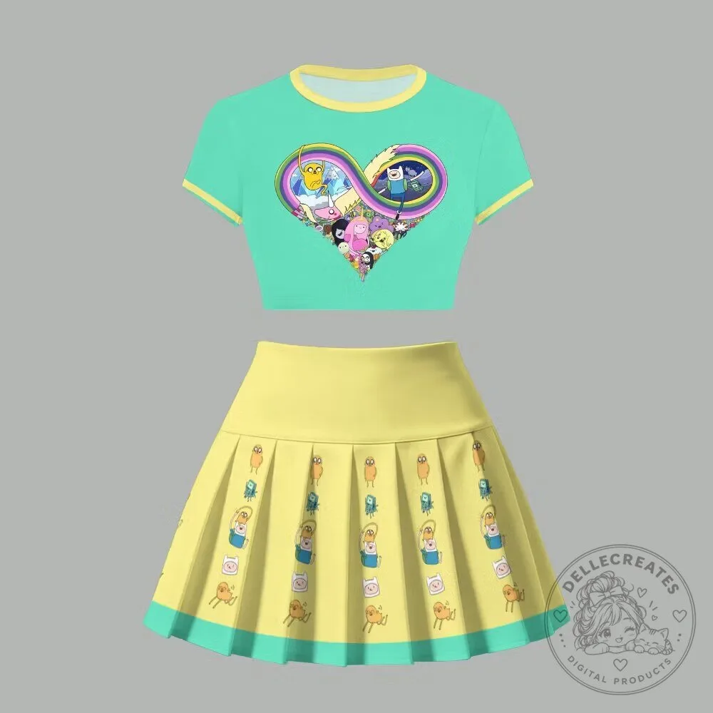 Adventure Time Finn and Jake Heart Crop Top and Pleated Skirt Set 5 Adventure Time Finn and Jake Heart Crop Top and Pleated Skirt Set