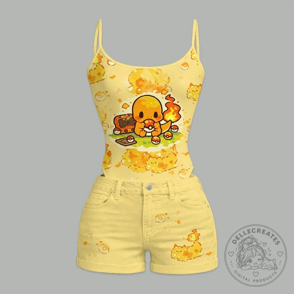 Cute Charmander Playing With Pokeballs Yellow Tank Top and Shorts Set