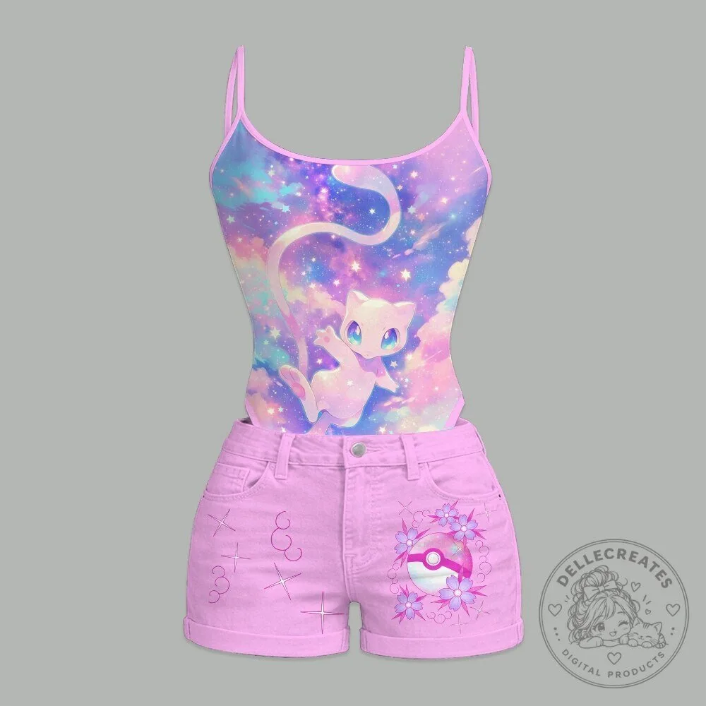 Pokemon Mew Pastel Galaxy Sky Bodysuit and Pink Denim Shorts Two-Piece Set