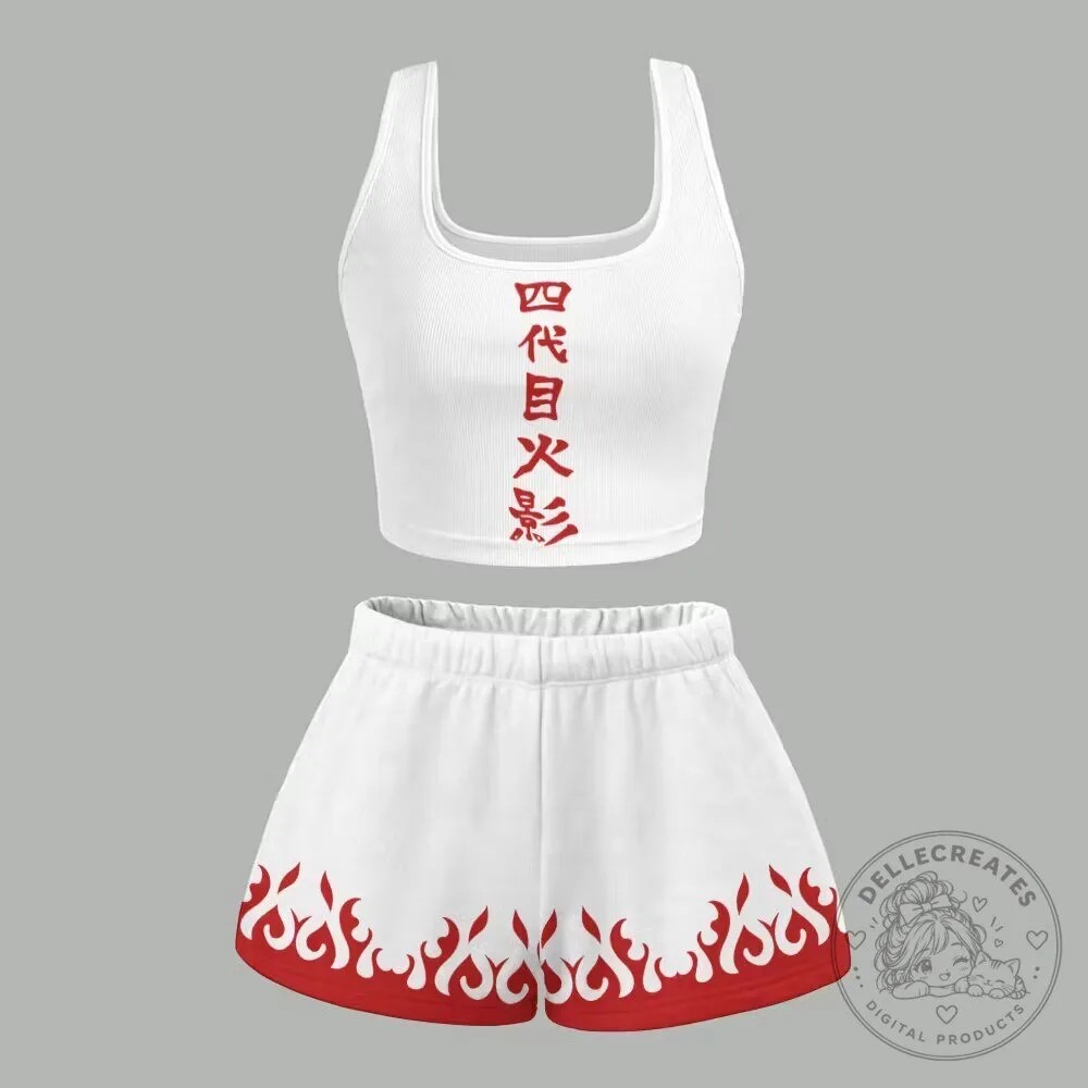 Naruto Uzumaki Fourth Hokage Symbol Crop Top and Flame Shorts Pajama Set