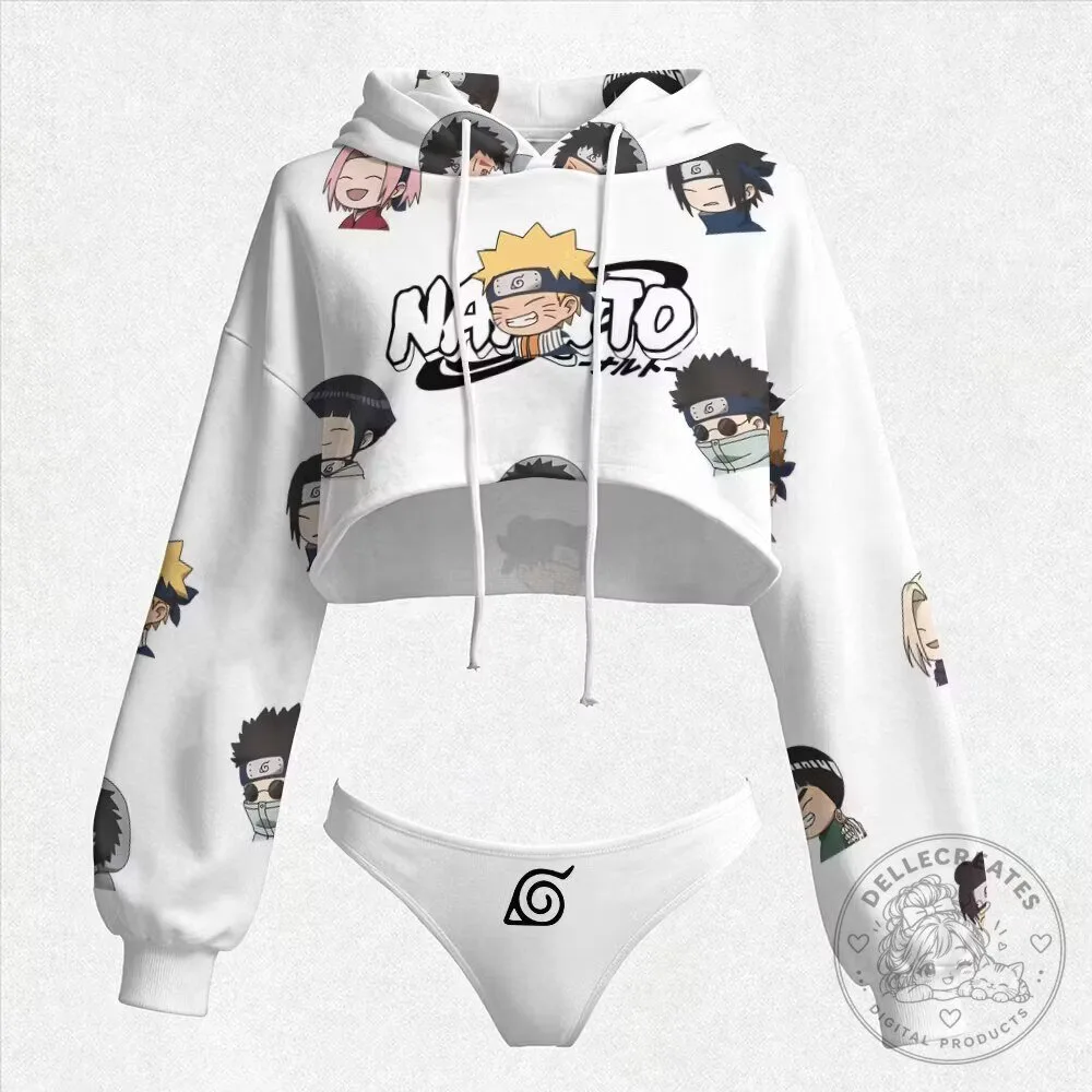 Naruto Uzumaki Anime Character Chibi Print Cropped Hoodie and Panty Set