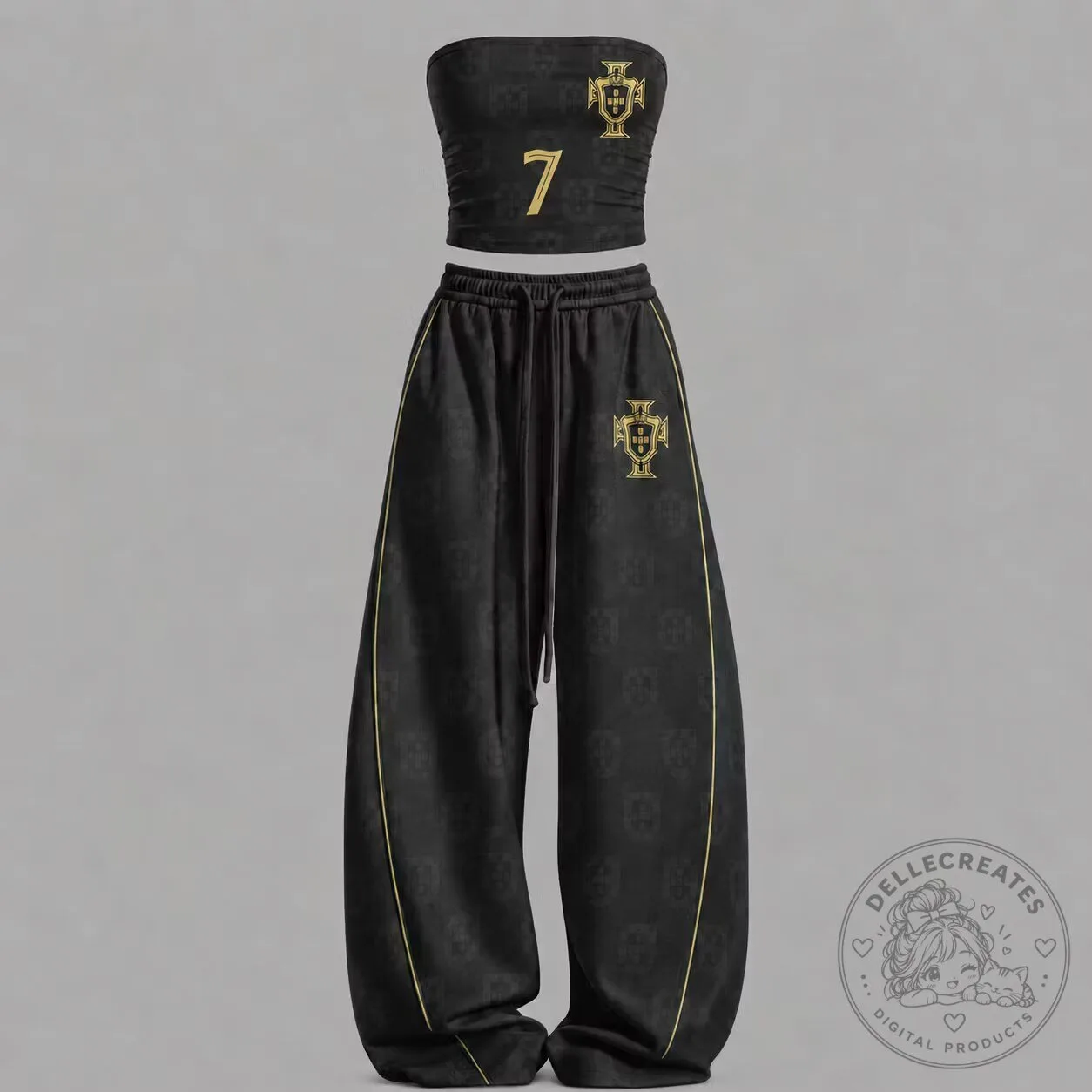 Portugal National Football Team Black Gold Strapless Crop Top and Wide Leg Pants Set