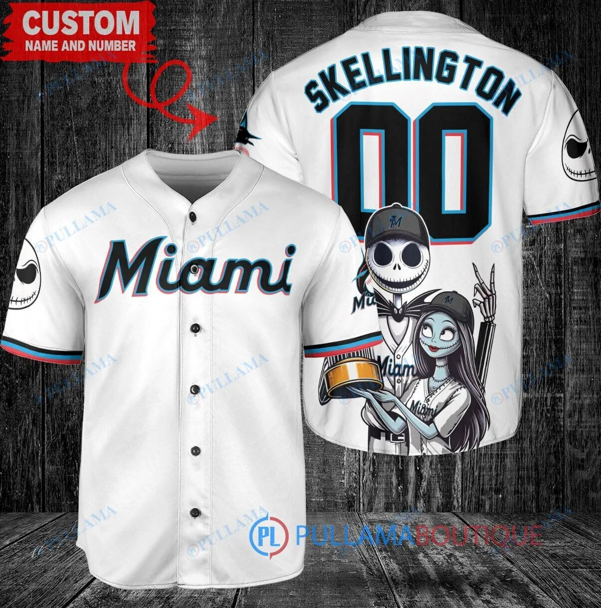 Miami Marlins Baseball Jack Skellington and Sally Nightmare Before Christmas Jersey