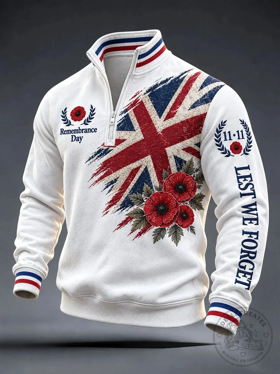 Remembrance Day Lest We Forget British Flag Poppy Quarter Zip Pullover Sweatshirt