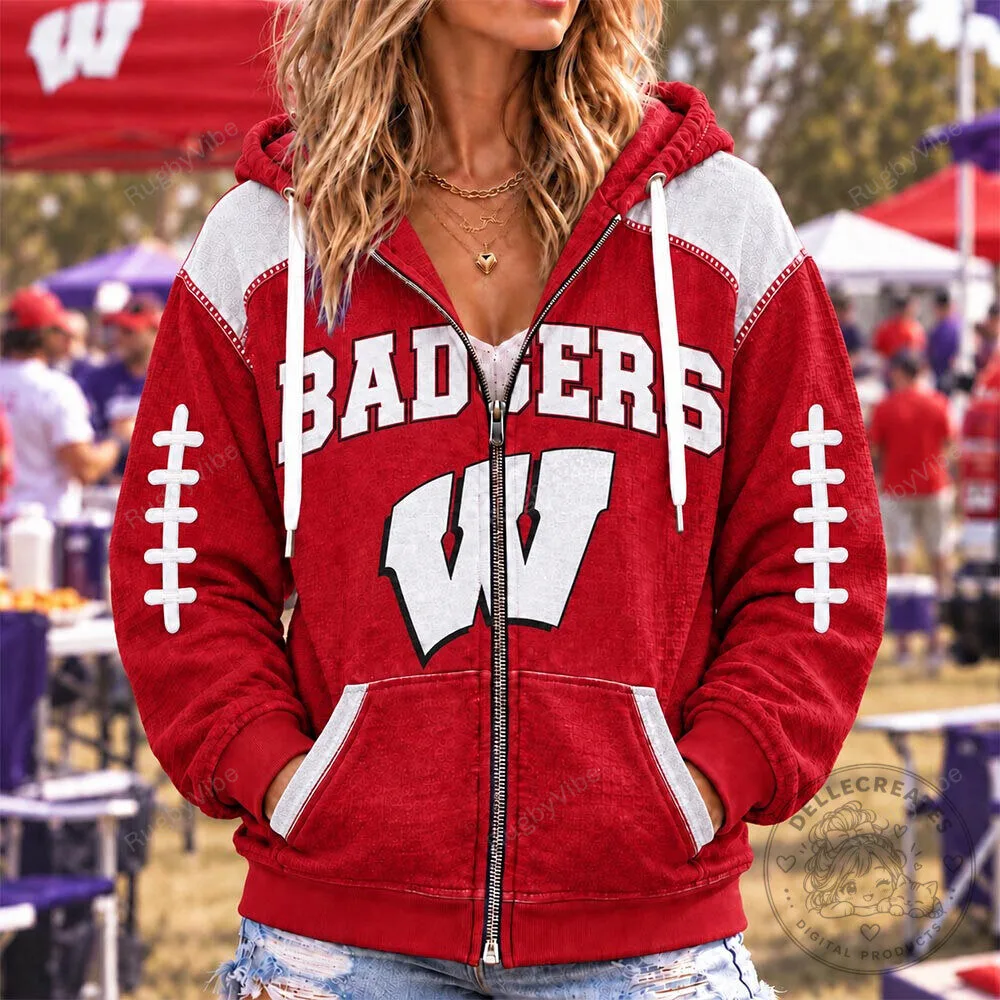 Wisconsin Badgers Football Team Red and White Full Zip Hoodie 1 Wisconsin Badgers Football Team Red and White Full Zip Hoodie