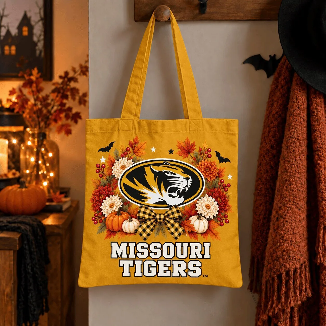 Missouri Tigers Halloween Fall Floral Wreath Tote Bag