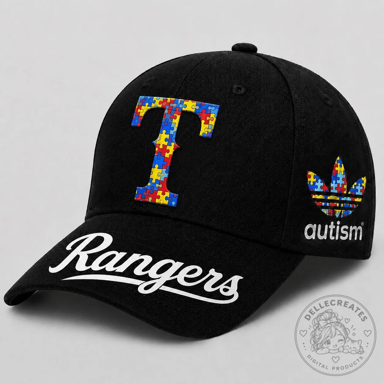 Autism Awareness Cap Hat with Puzzle Piece for Texas Rangers Baseball Fans