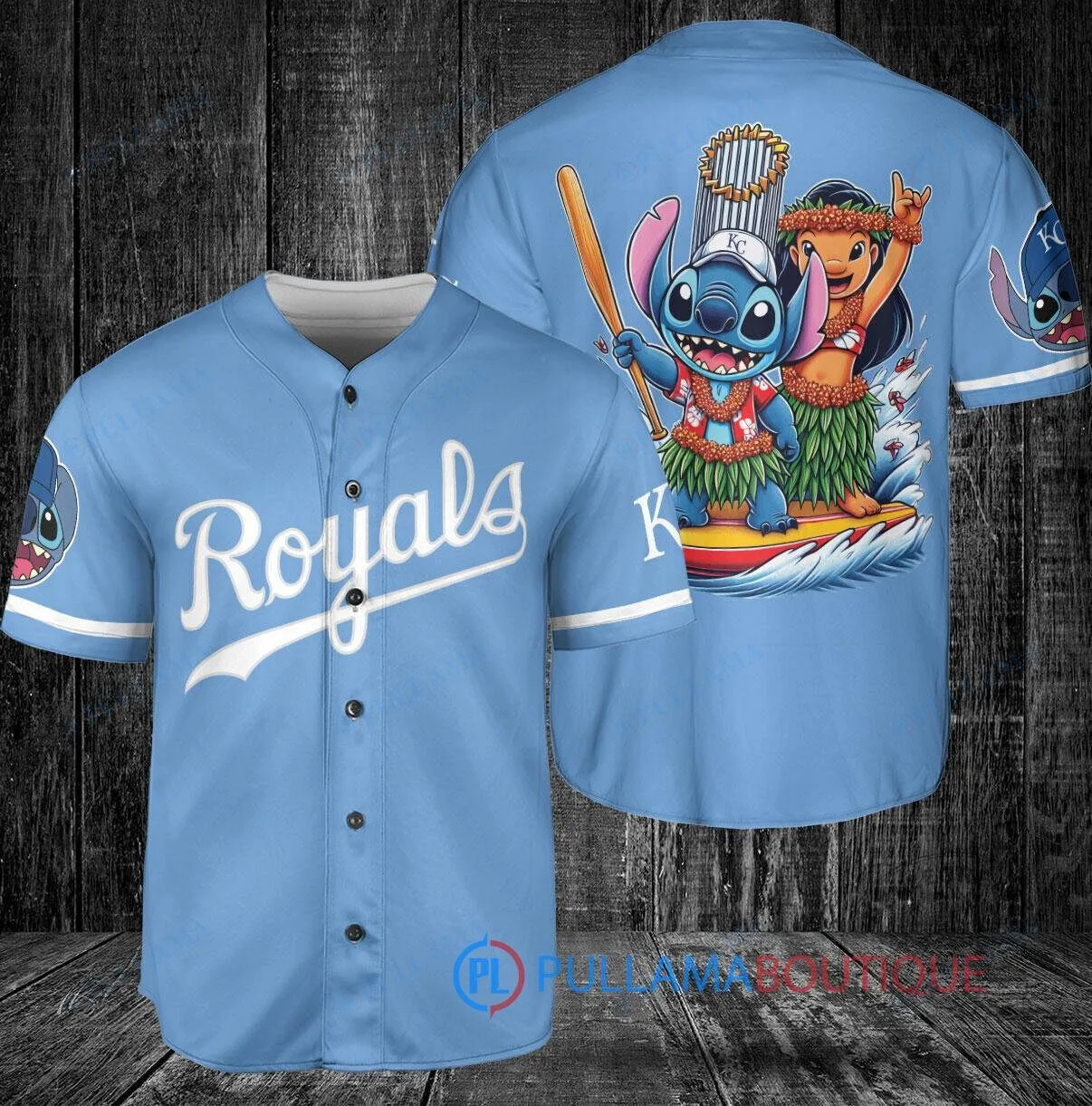 Kansas City Royals Baseball Stitch and Lilo World Series Trophy Light Blue Baseball Jersey