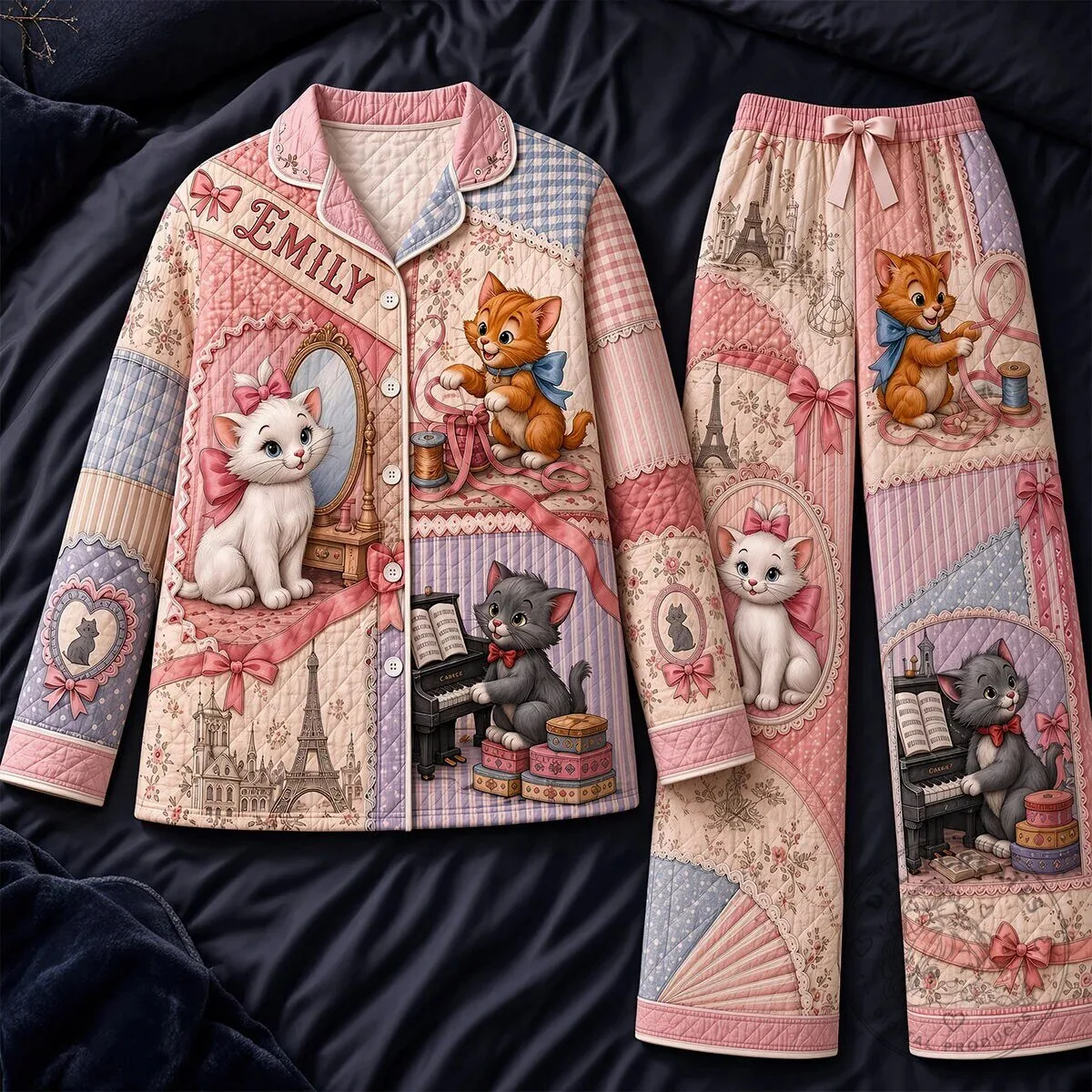 Adorable Marie Cat Kittens Quilted Pajama Set for Women
