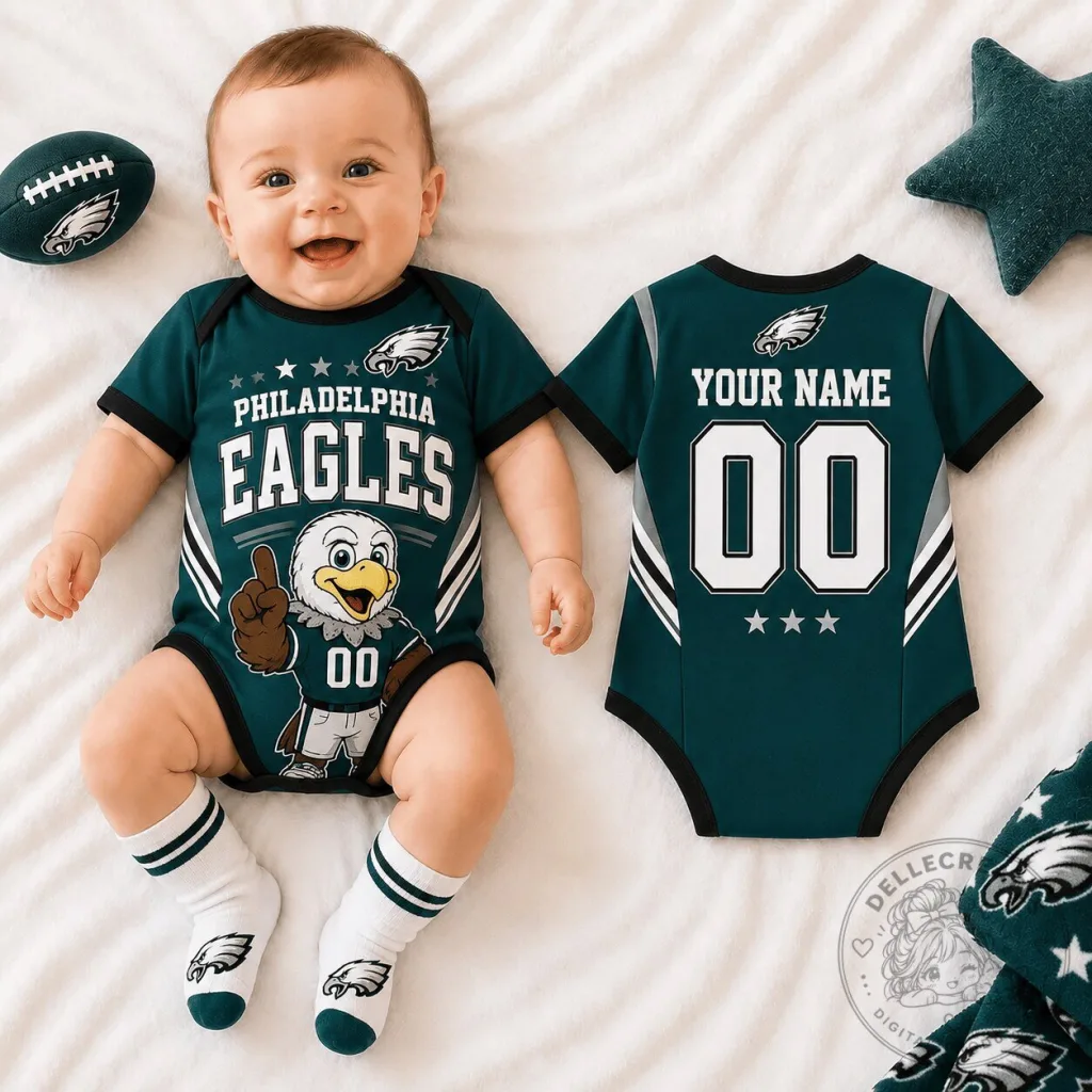 Philadelphia Eagles Custom Name and Number Baby Romper 36 Philadelphia Eagles Custom Name and Number Baby Romper