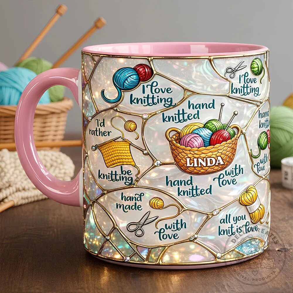 Personalized Knitting Lover's Mug with Hand Knitted Design and Name Customization