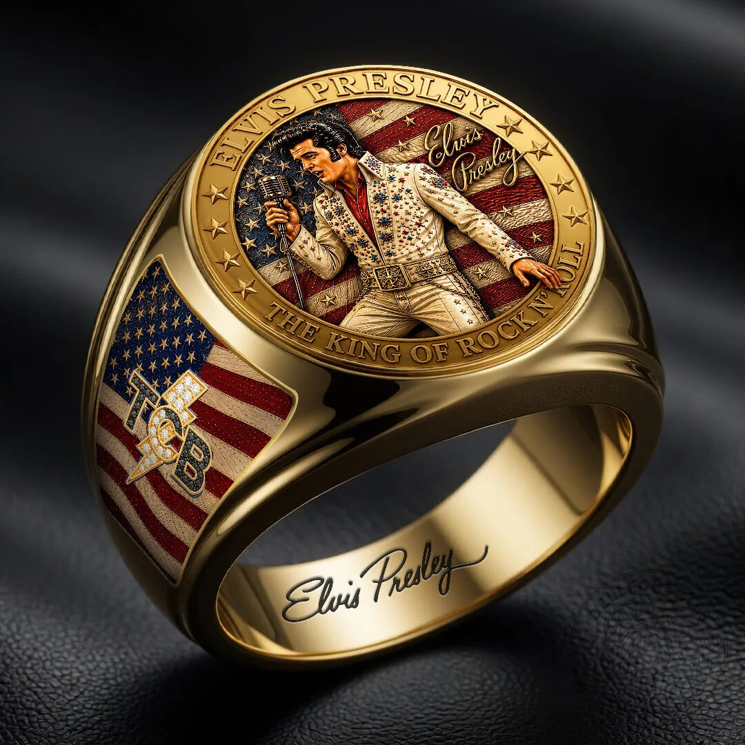 Elvis Presley The King of Rock and Roll Gold Tone American Flag Ring