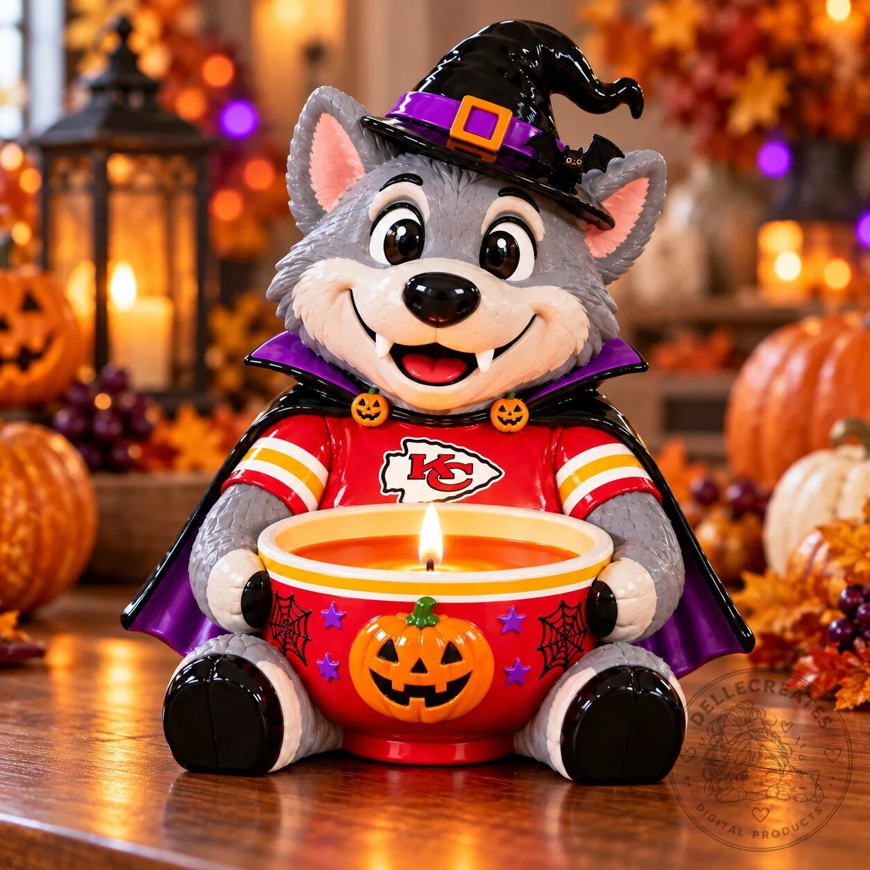Kansas City Chiefs Wolf Halloween Candle Holder Spooky Game Day Decor