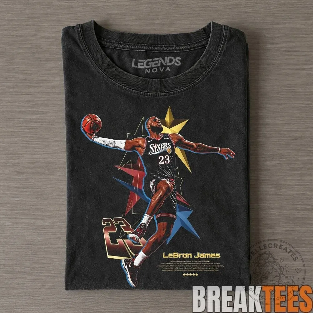 Black T-Shirt featuring Basketball Legend LeBron James of the Philadelphia 76ers