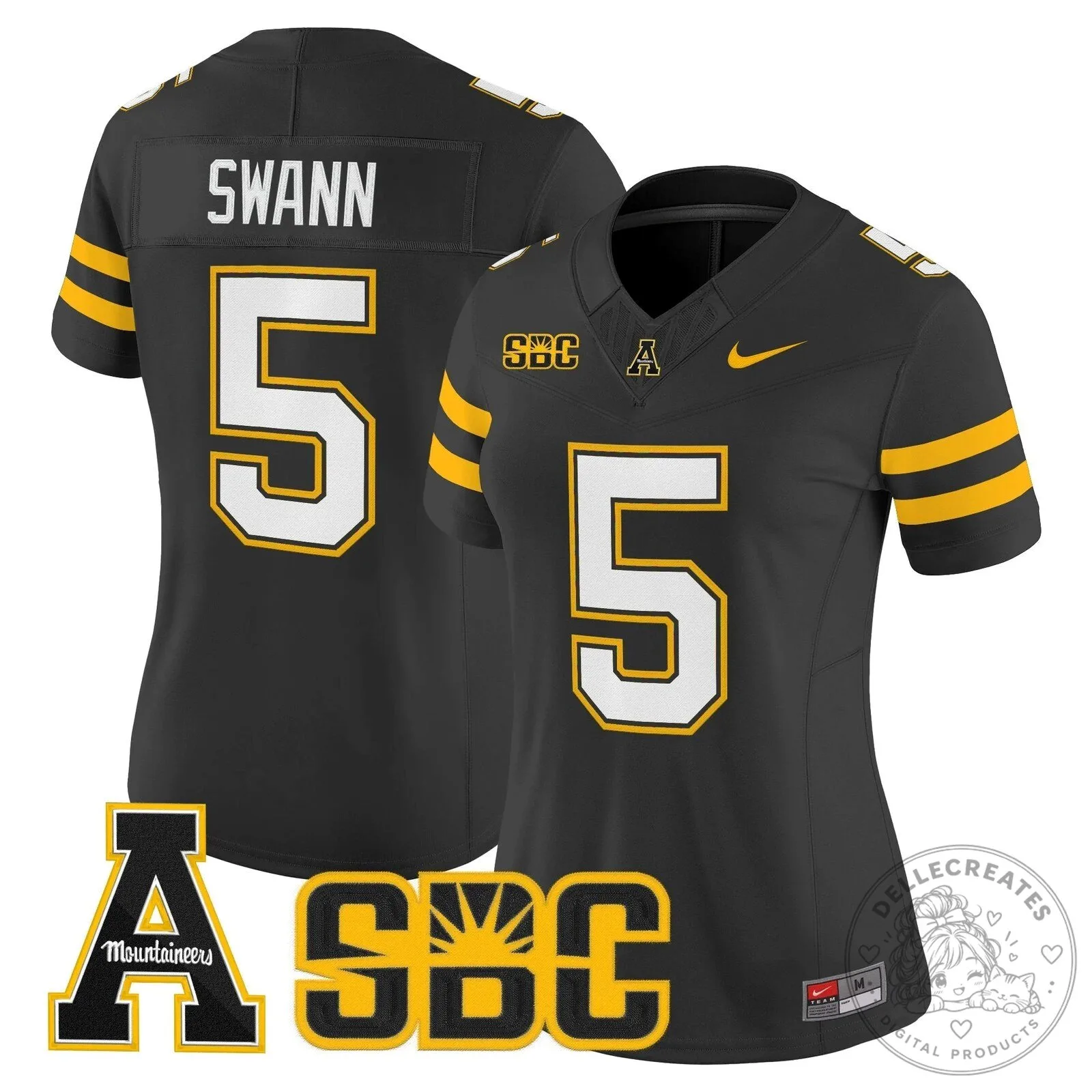 Appalachian State Mountaineers Black Football Jersey with Swann Number 5