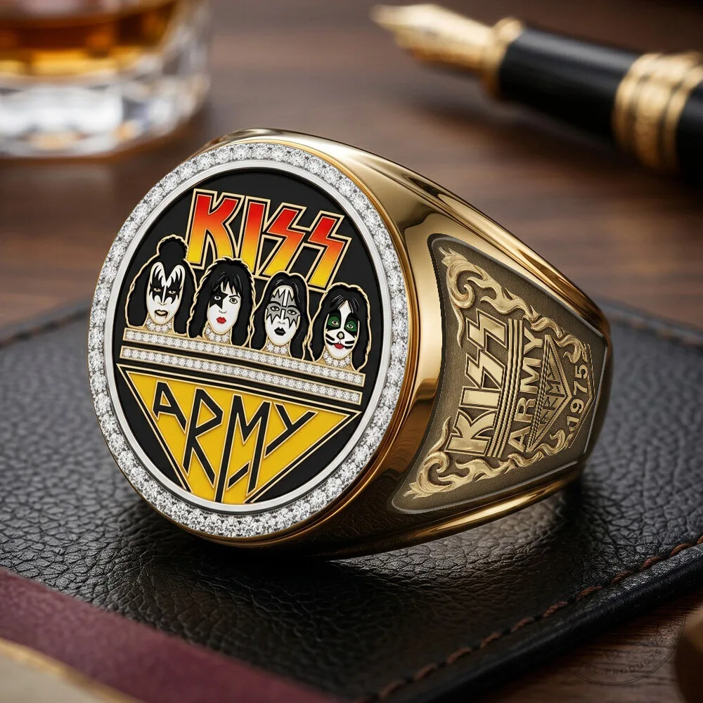 KISS Band Army Logo Gold Plated Diamond Embellished Collectible Ring