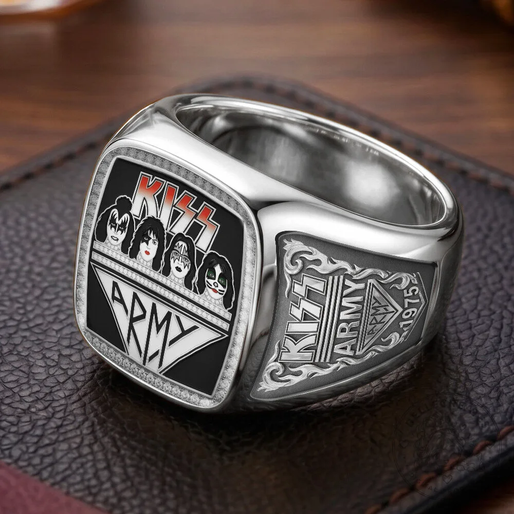 KISS Band Army Logo Gold Plated Diamond Embellished Collectible Ring 12 KISS Band Army Logo Gold Plated Diamond Embellished Collectible Ring