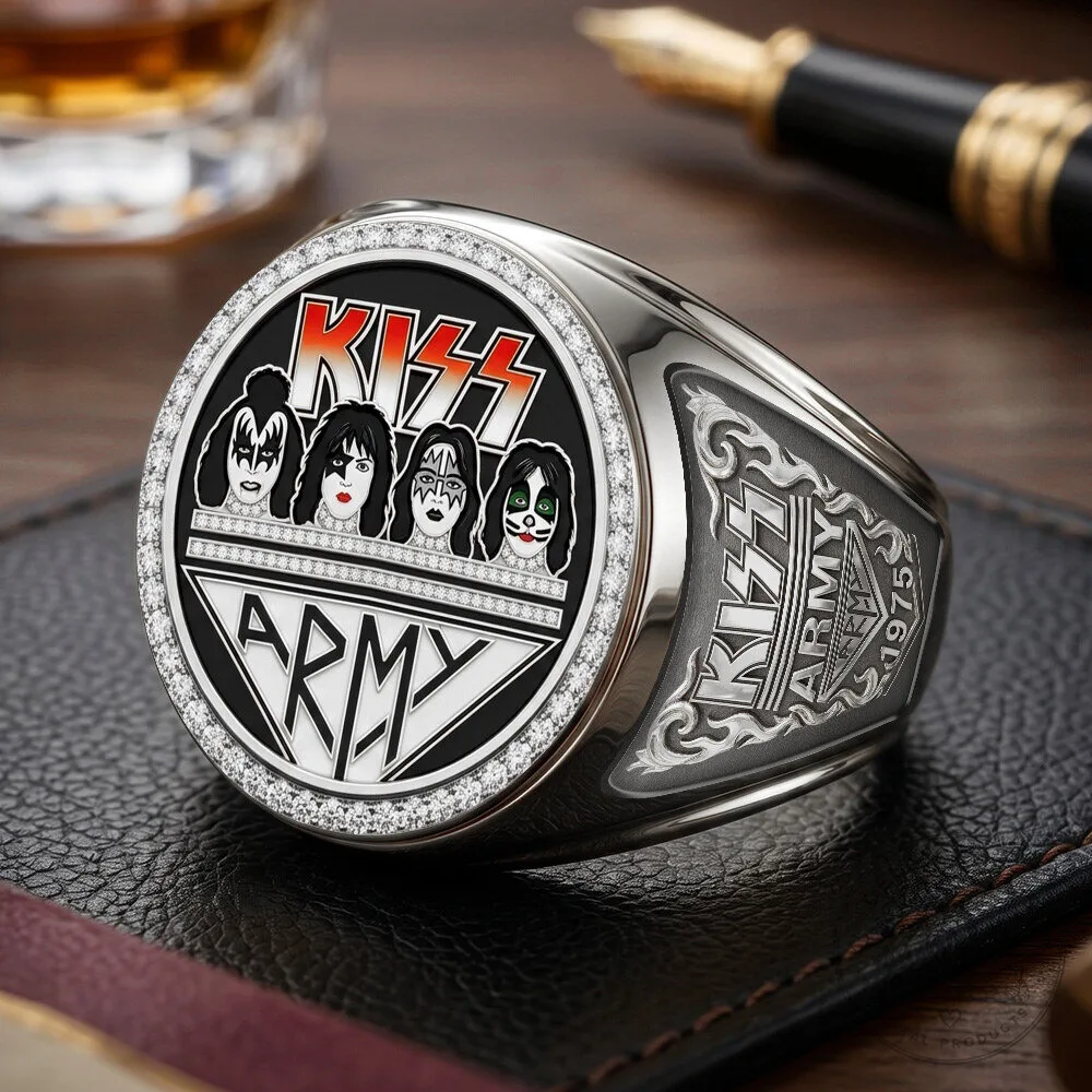 KISS Band Army Logo Gold Plated Diamond Embellished Collectible Ring 13 KISS Band Army Logo Gold Plated Diamond Embellished Collectible Ring