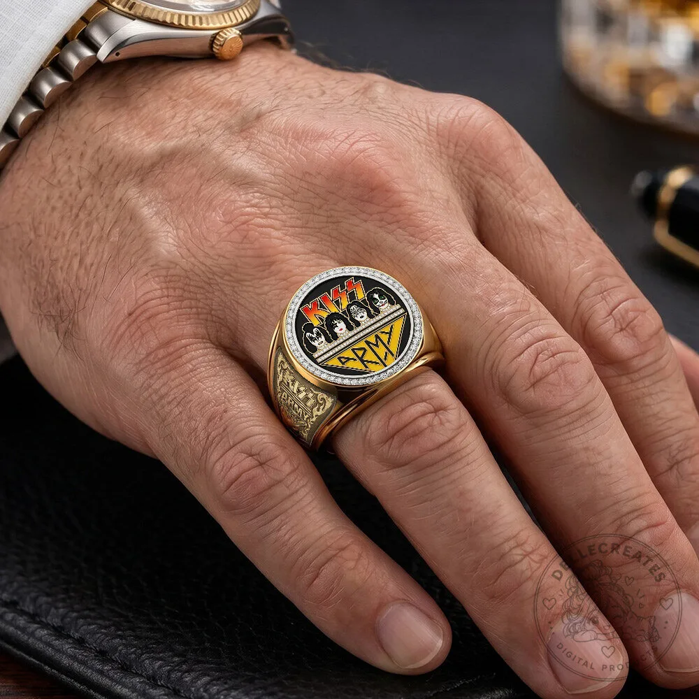 KISS Band Army Logo Gold Plated Diamond Embellished Collectible Ring 14 KISS Band Army Logo Gold Plated Diamond Embellished Collectible Ring