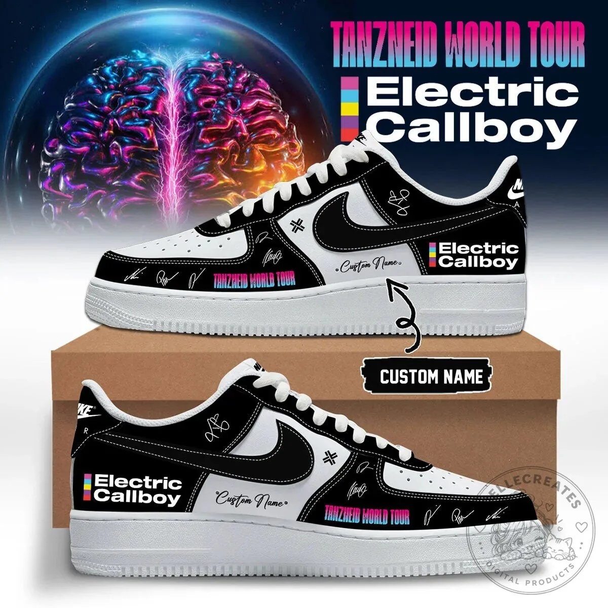 Custom Name Black and White Shoes for Electric Callboy's Tanzneid World Tour