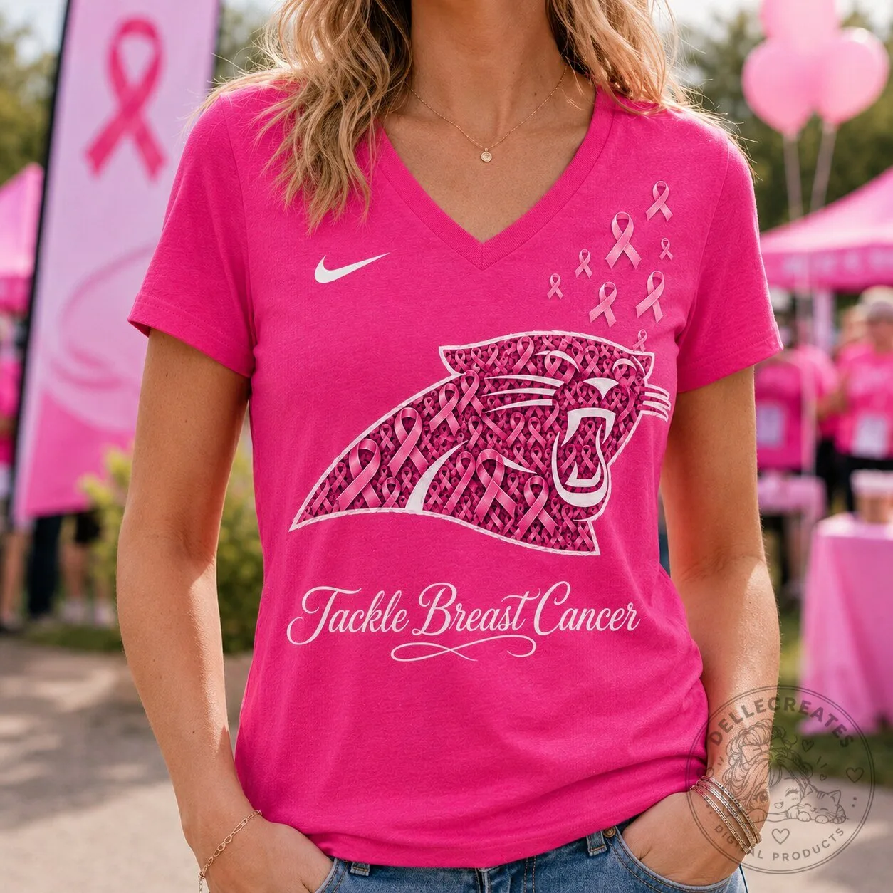 Panthers Pink Ribbon V-Neck T-Shirt for Breast Cancer Awareness by Carolina