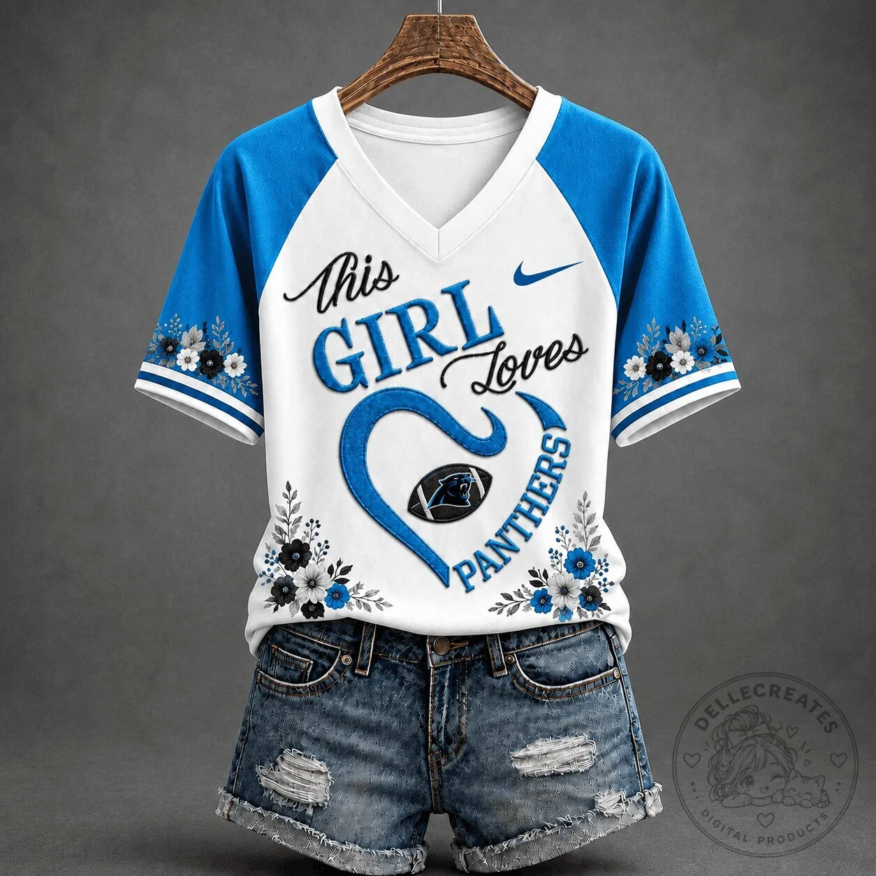 Carolina Panthers Football This Girl Loves Panthers Floral V-Neck T-Shirt