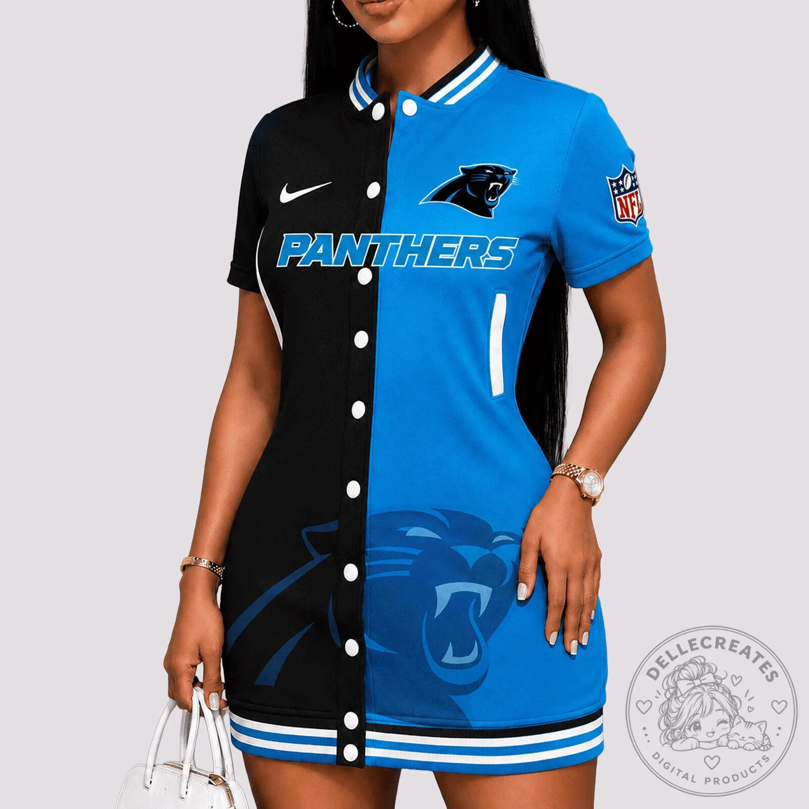 Carolina Panthers Women's Button Down Short Sleeve Football Dress