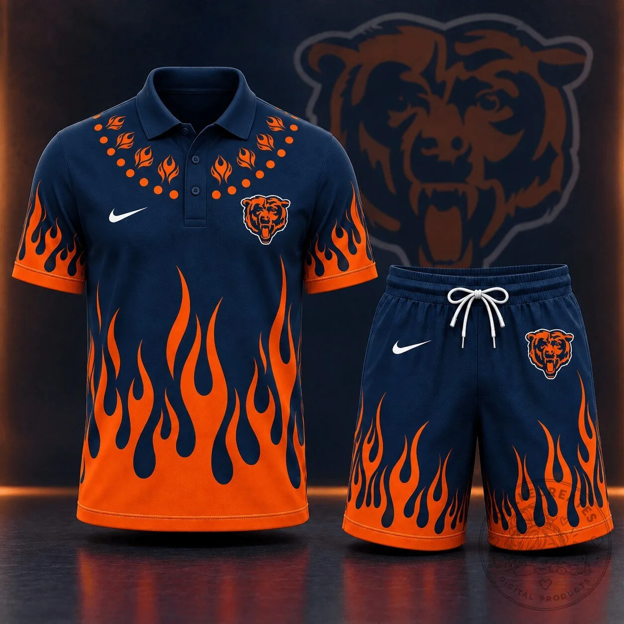 Chicago Bears Flame Graphic Polo Shirt and Shorts Set