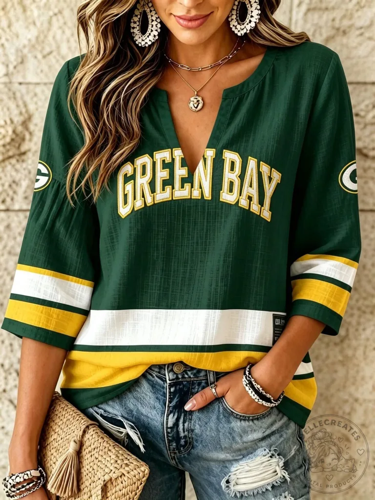 Green Bay Packers Game Day Apparel V-Neck Three-Quarter Sleeve T-Shirt