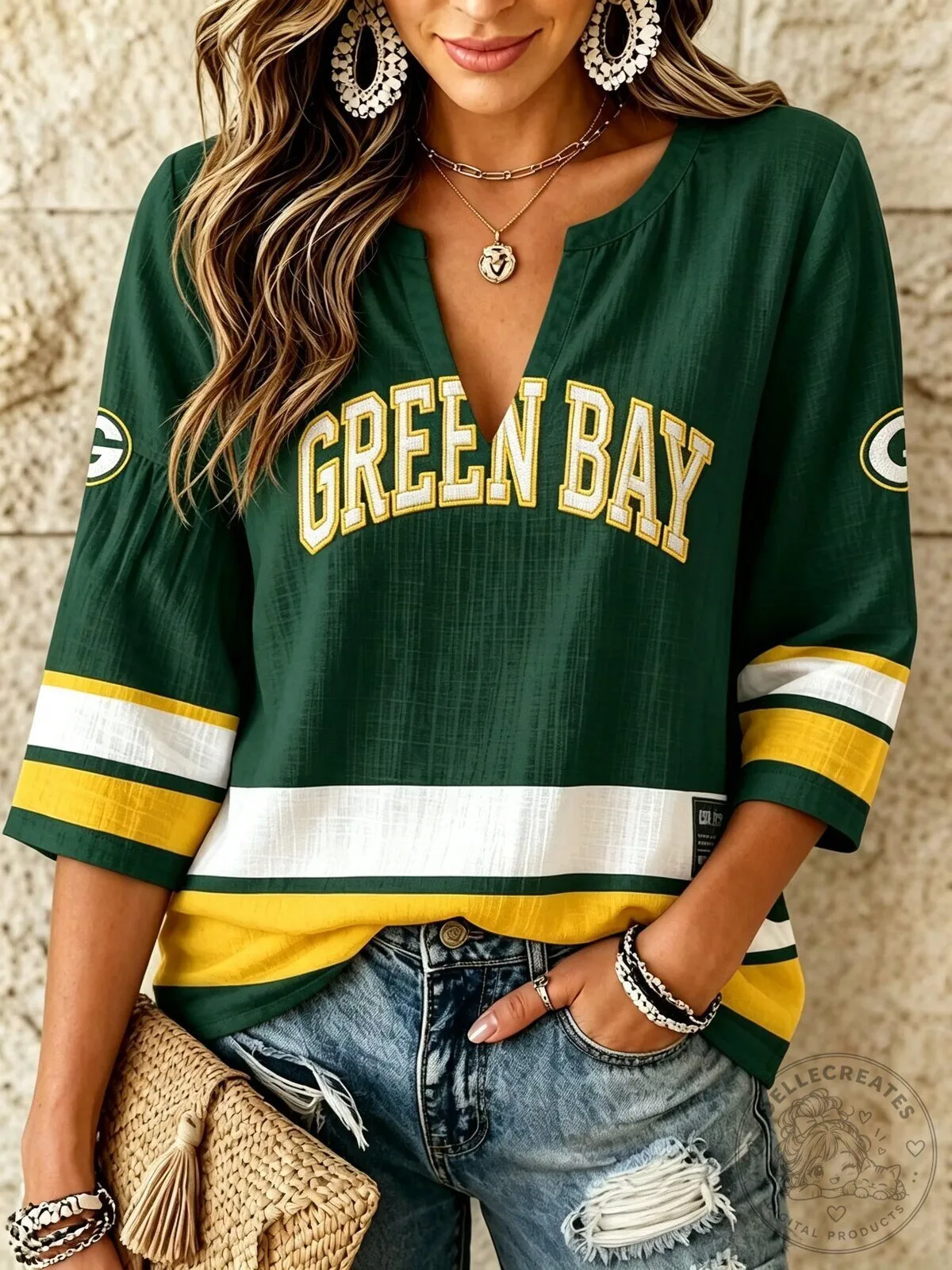 Green Bay Packers Game Day Apparel V-Neck Three-Quarter Sleeve T-Shirt
