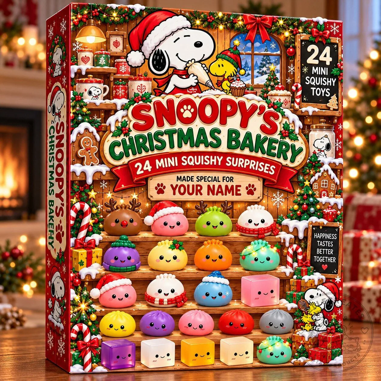 Snoopy's Christmas Bakery Personalized Advent Calendar with 24 Mini Squishy Toys