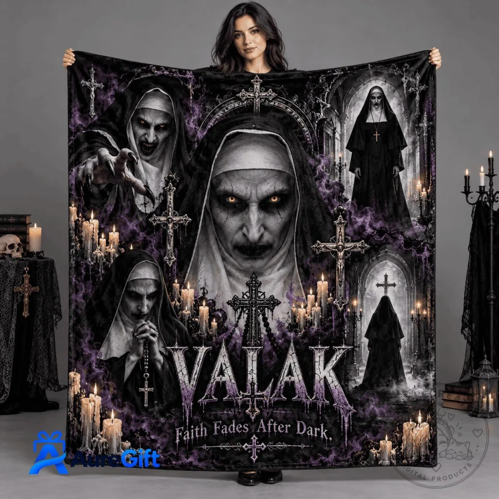 Fleece Blanket Featuring Valak Portrait and Crosses from The Nun Horror Movie Fleece Blanket Featuring Valak Portrait and Crosses from The Nun Horror Movie