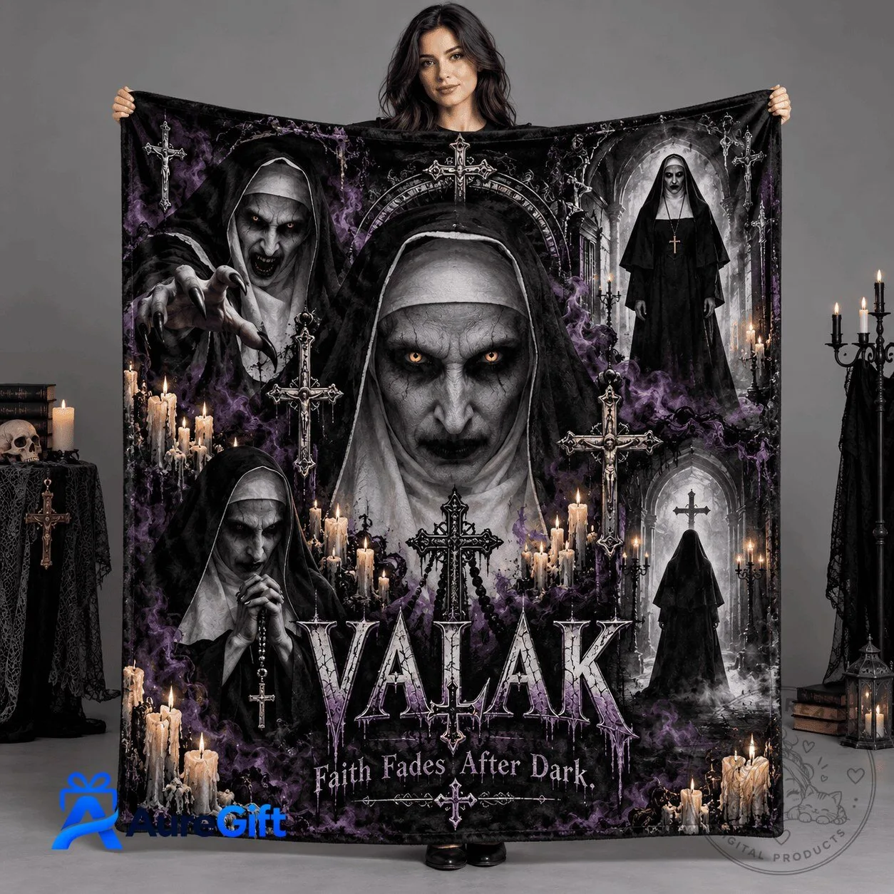 Fleece Blanket Featuring Valak Portrait and Crosses from The Nun Horror Movie