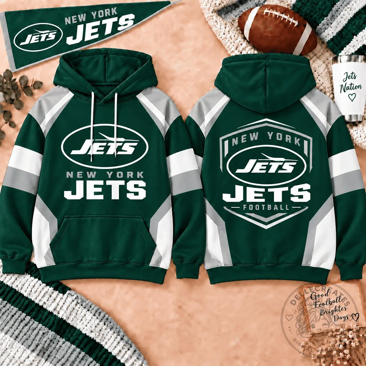 New York Jets Football Team Green and Gray Color Block Hoodie