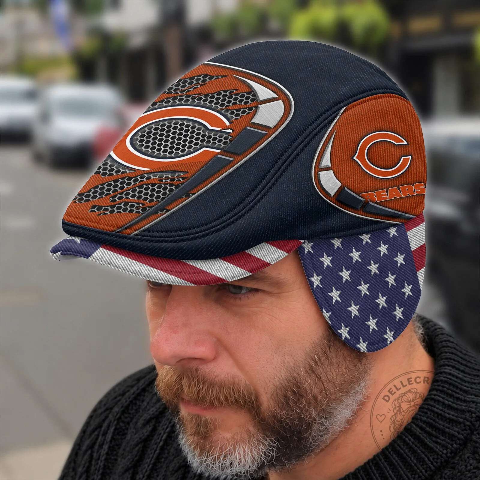 Chicago Bears American Flag Flat Cap with Foldable Ear Flaps