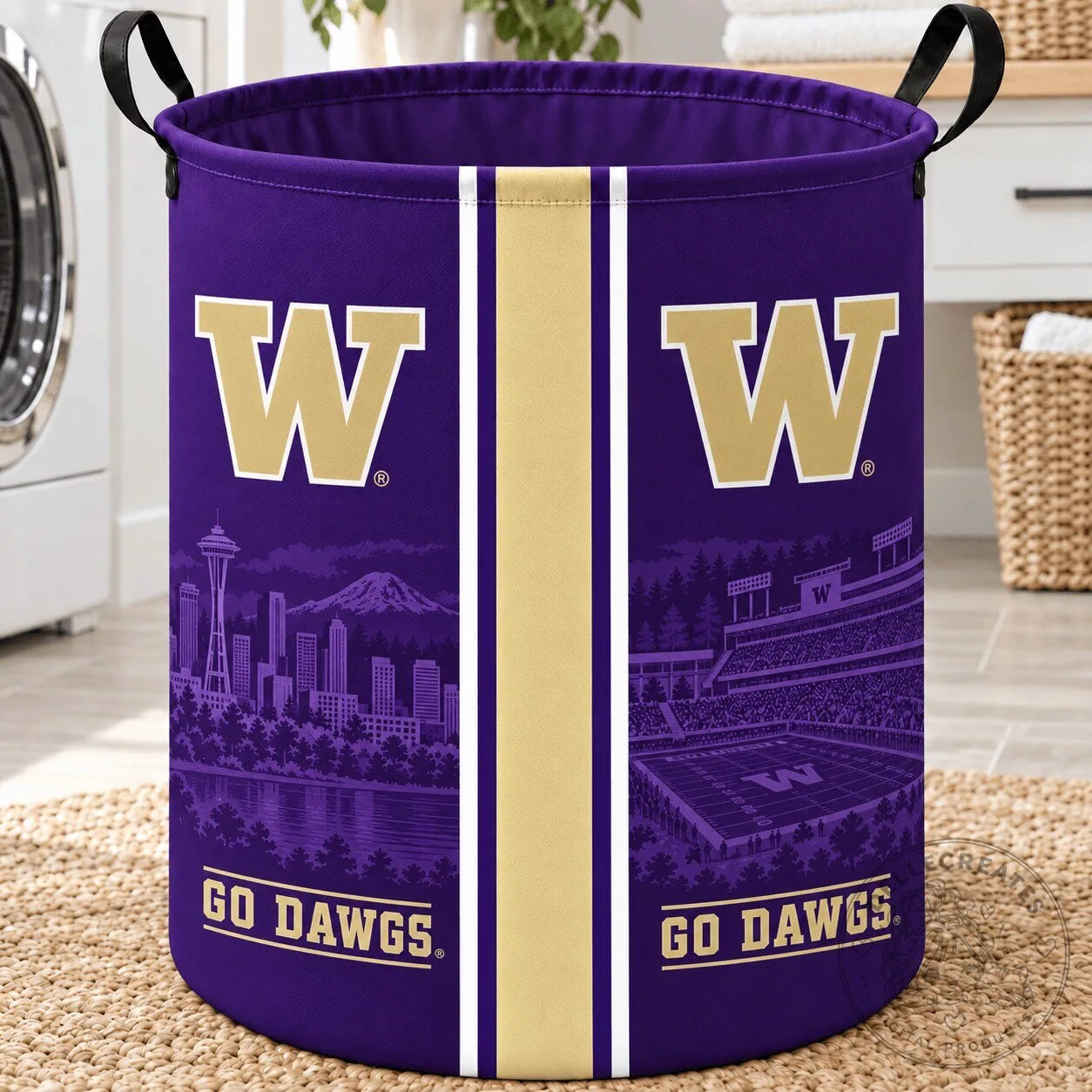 Washington Huskies Football Team Purple Laundry Basket with Go Dawgs Slogan