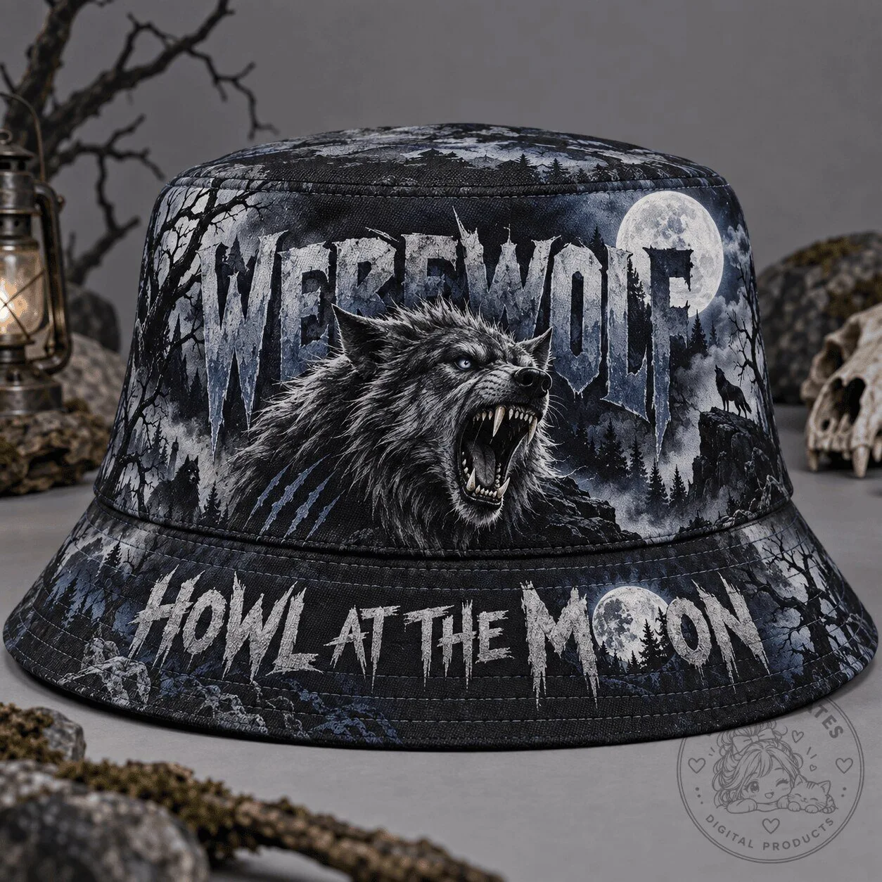 Graphic Bucket Hat Featuring a Horror Theme of a Werewolf Howling at the Moon