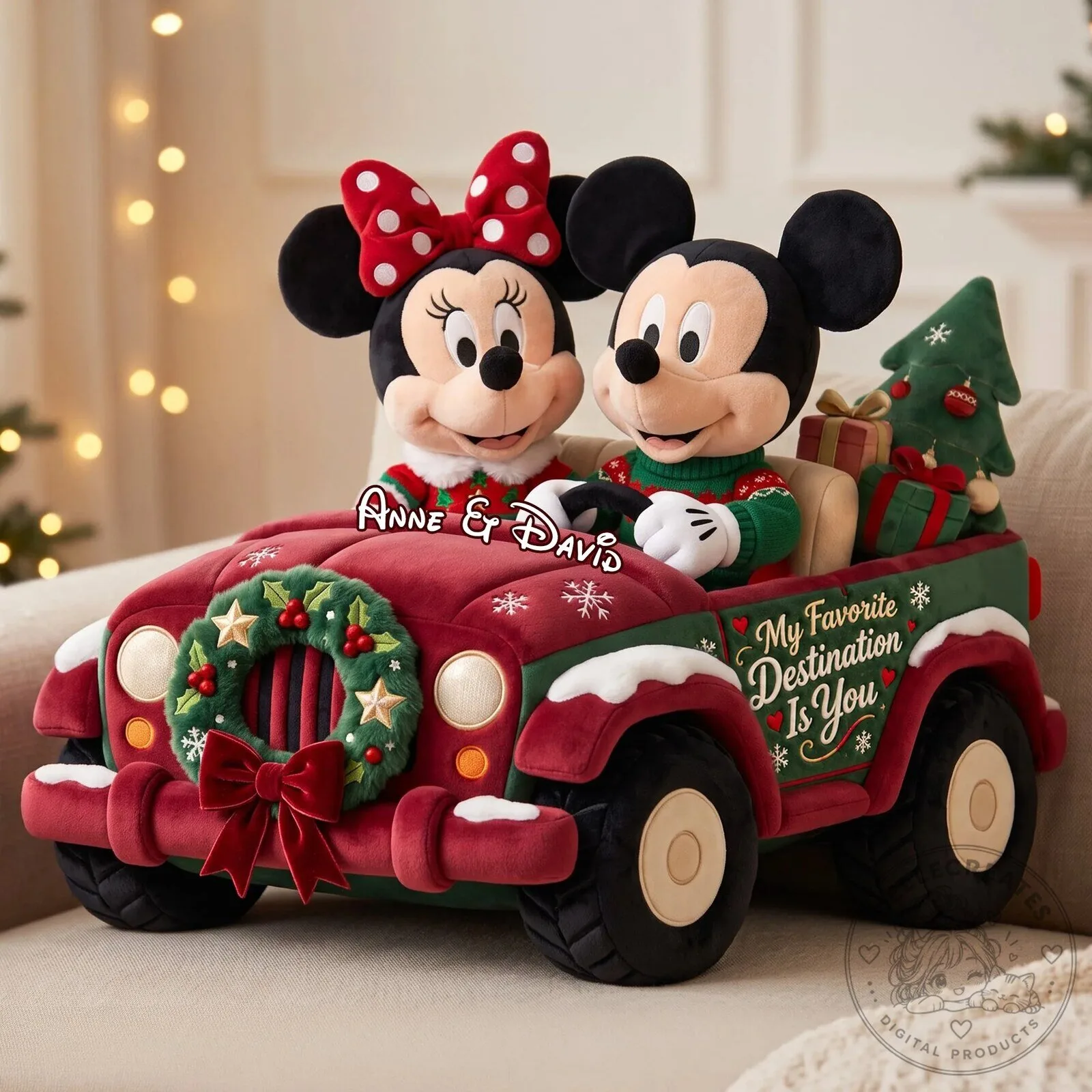 Mickey and Minnie Mouse Christmas Jeep Personalized Throw Pillow