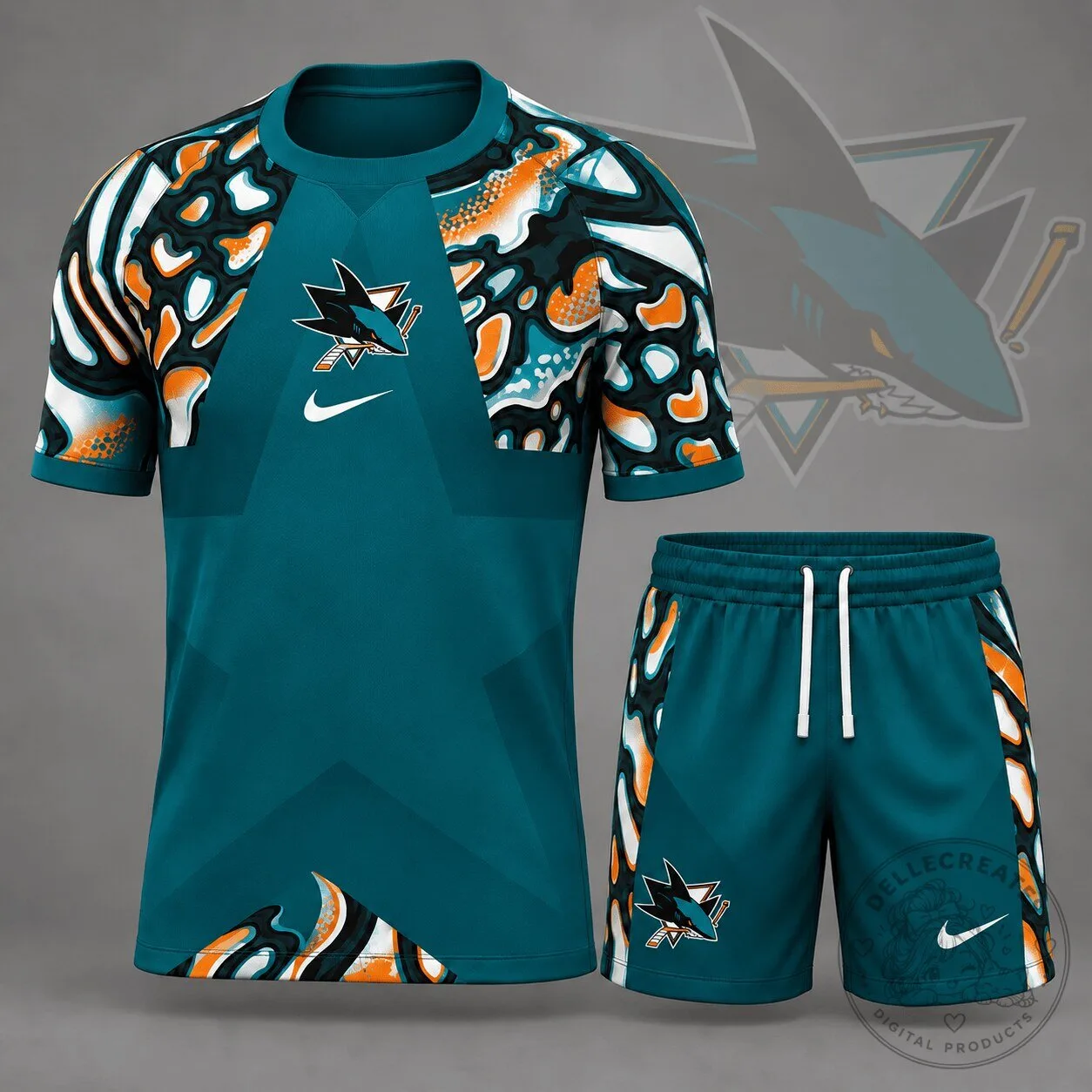 San Jose Sharks Teal Abstract Camouflage Star Panel Hockey Jersey and Shorts Set