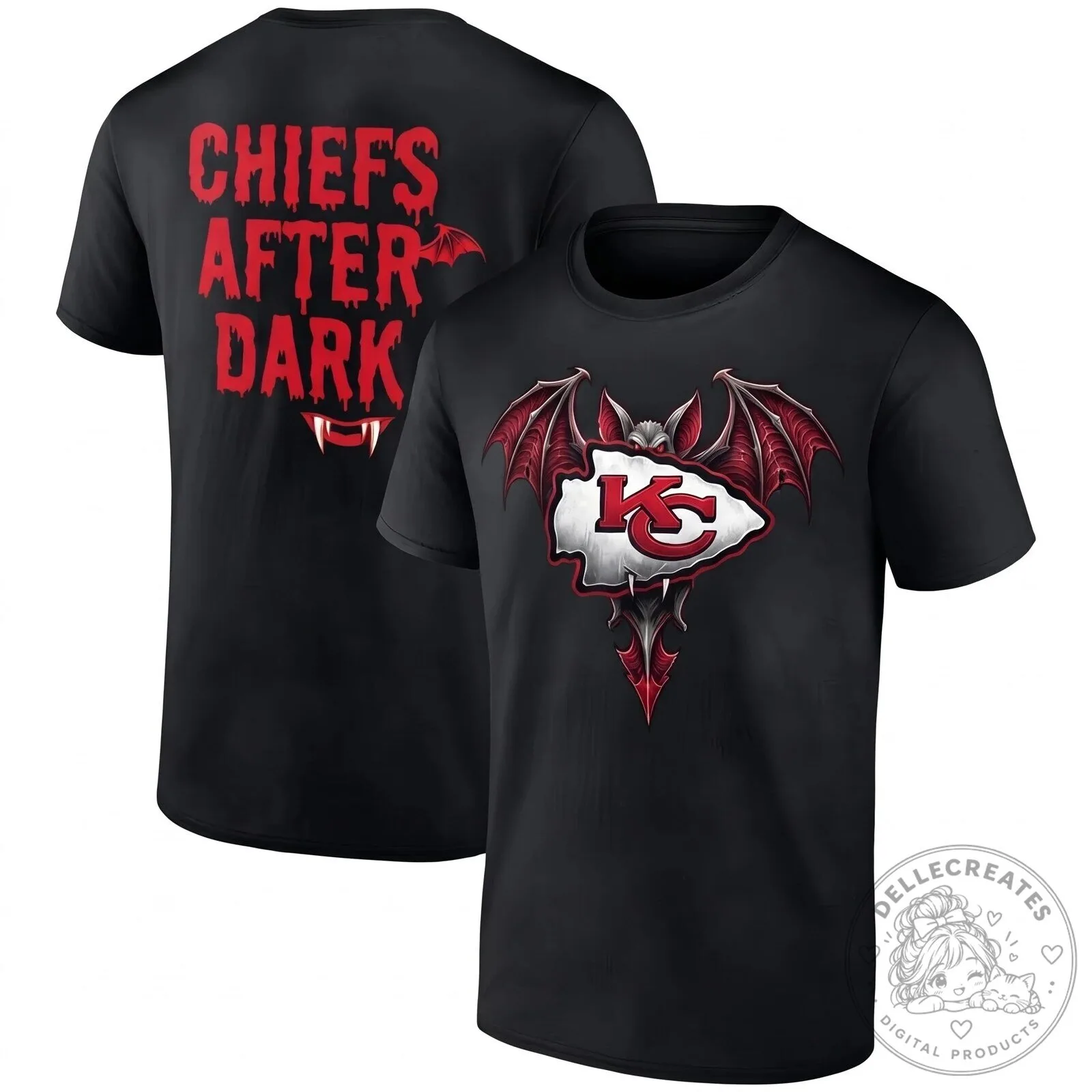 Kansas City Chiefs After Dark Halloween Vampire Bat Logo Black T-Shirt