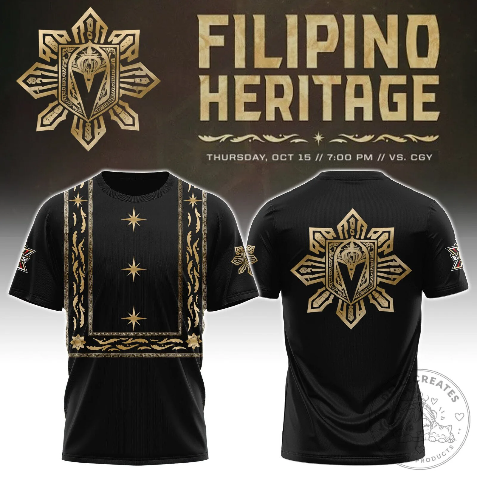 Filipino Heritage Sun and Stars Black Gold Barong Style Graphic T-Shirt 5 Filipino Heritage Sun and Stars Black Gold Barong Style Graphic T-Shirt