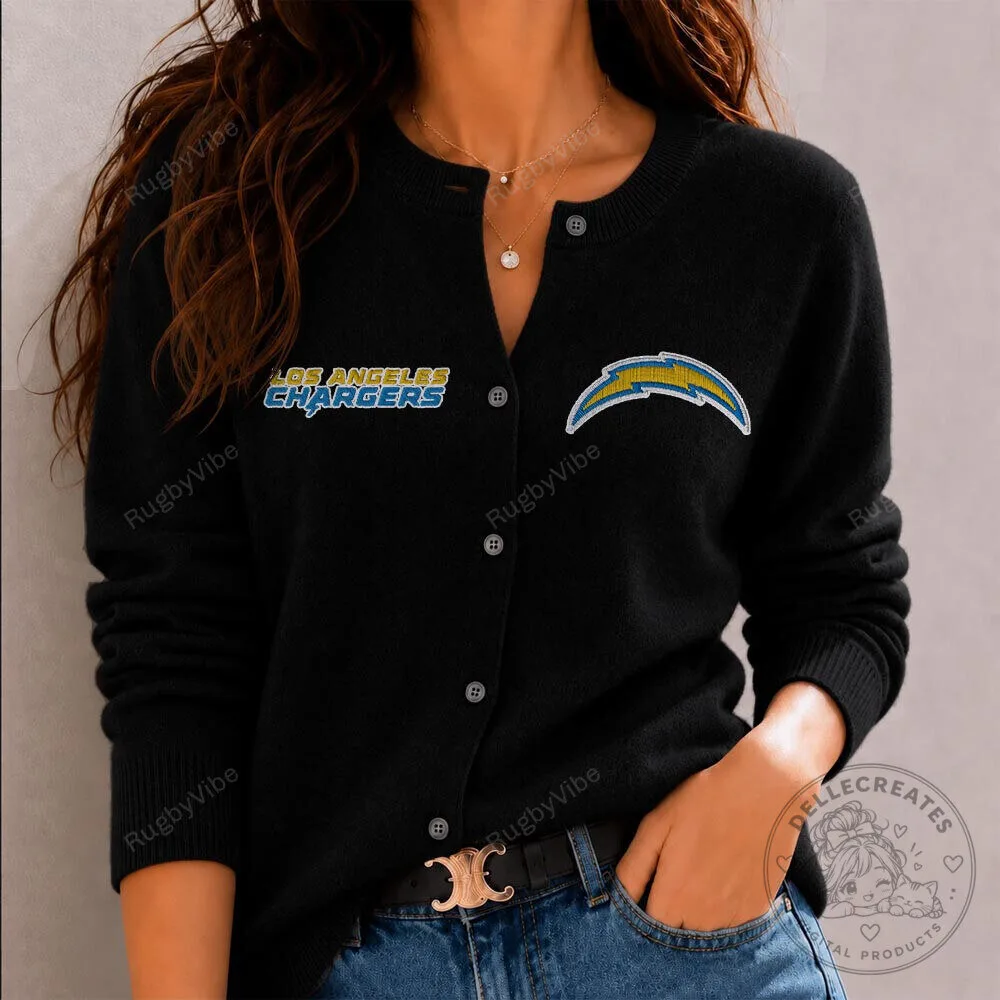 Los Angeles Chargers Embroidered Logo Black Cardigan Sweater