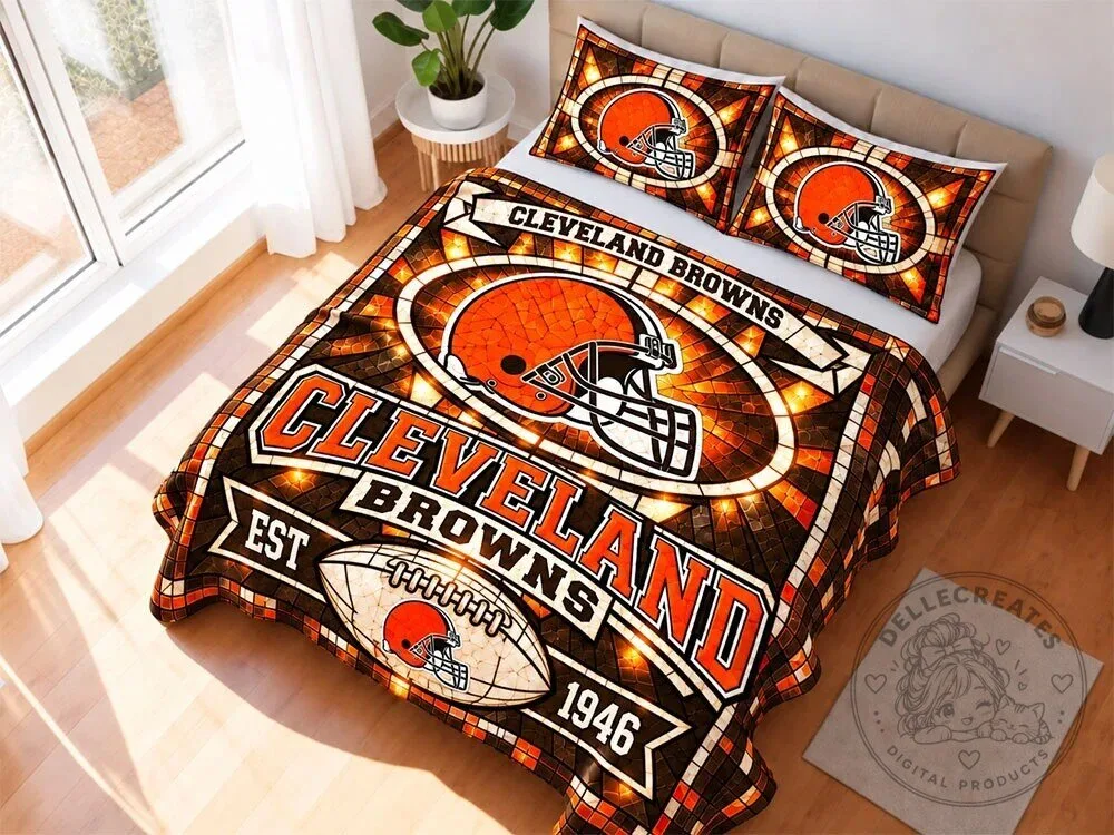 Cleveland Browns Stained Glass Football Team Quilt Bedding Set