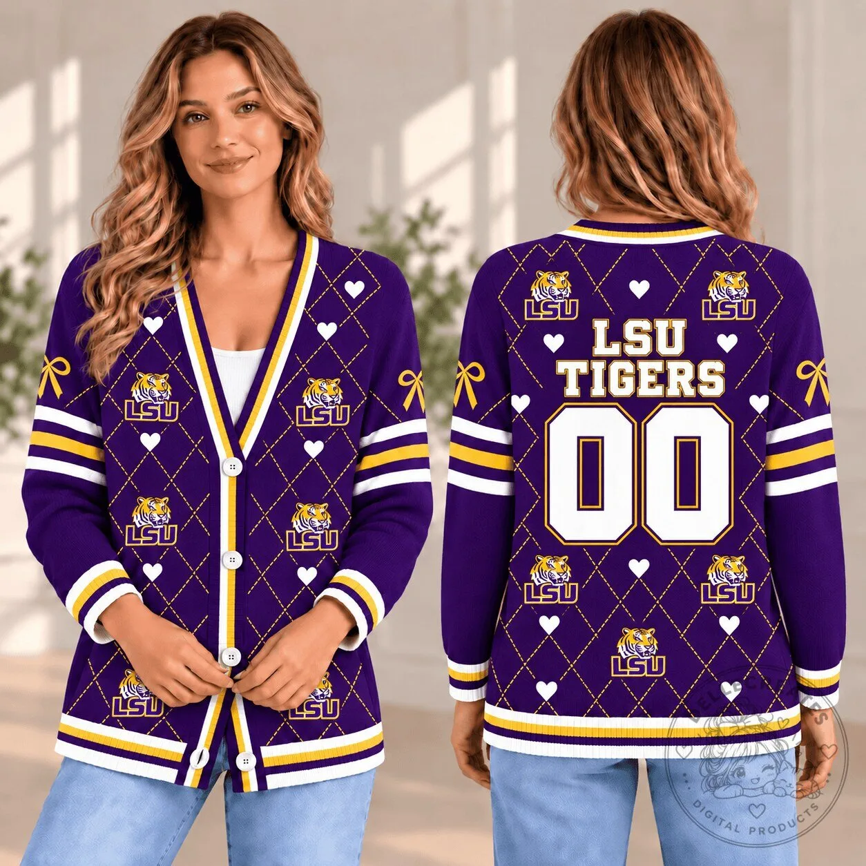 LSU Tigers Personalized Team Spirit Purple and Gold Argyle Cardigan Sweater