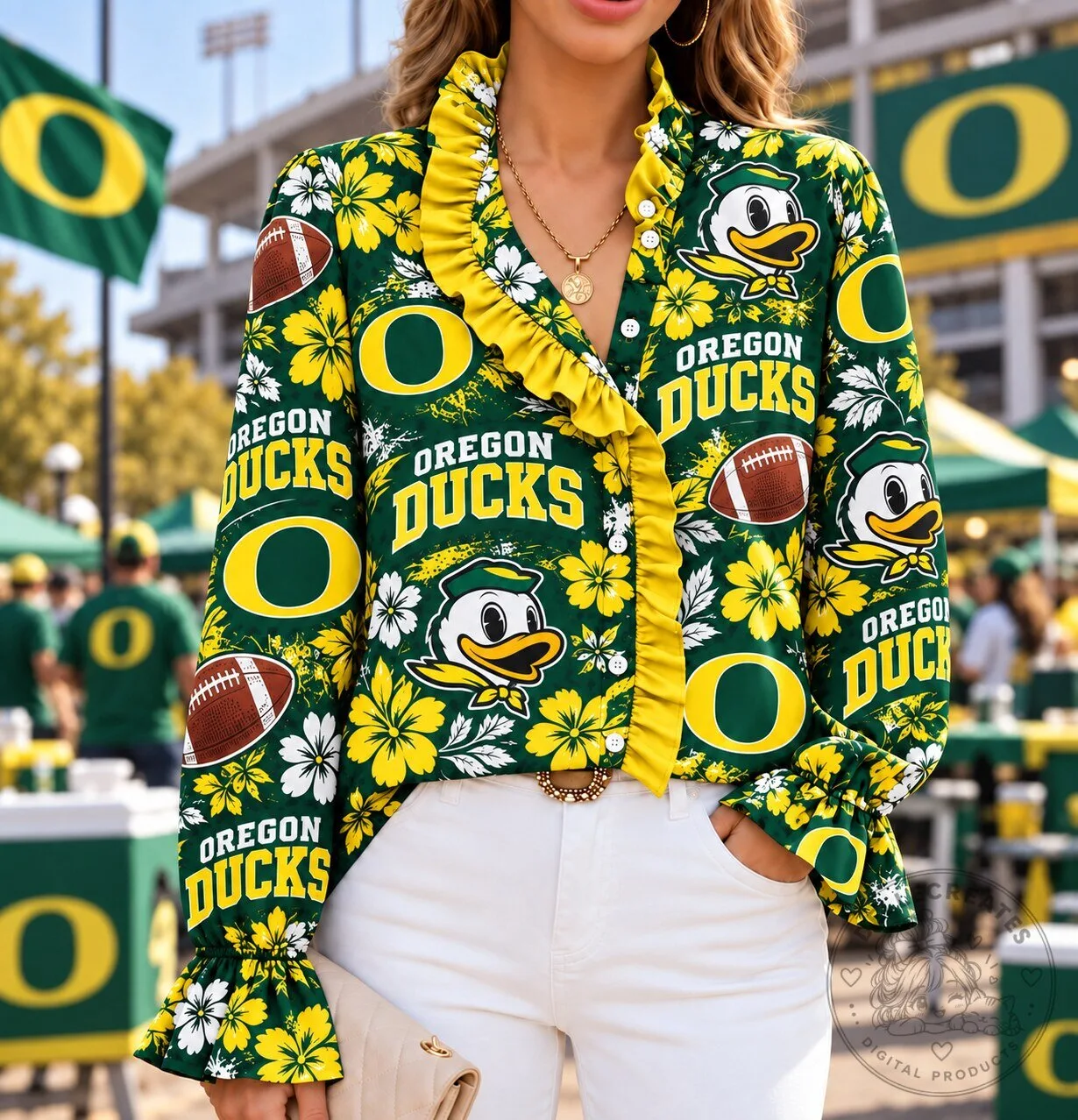 Oregon Ducks NCAA Floral Ruffle Long-Sleeve Blouse