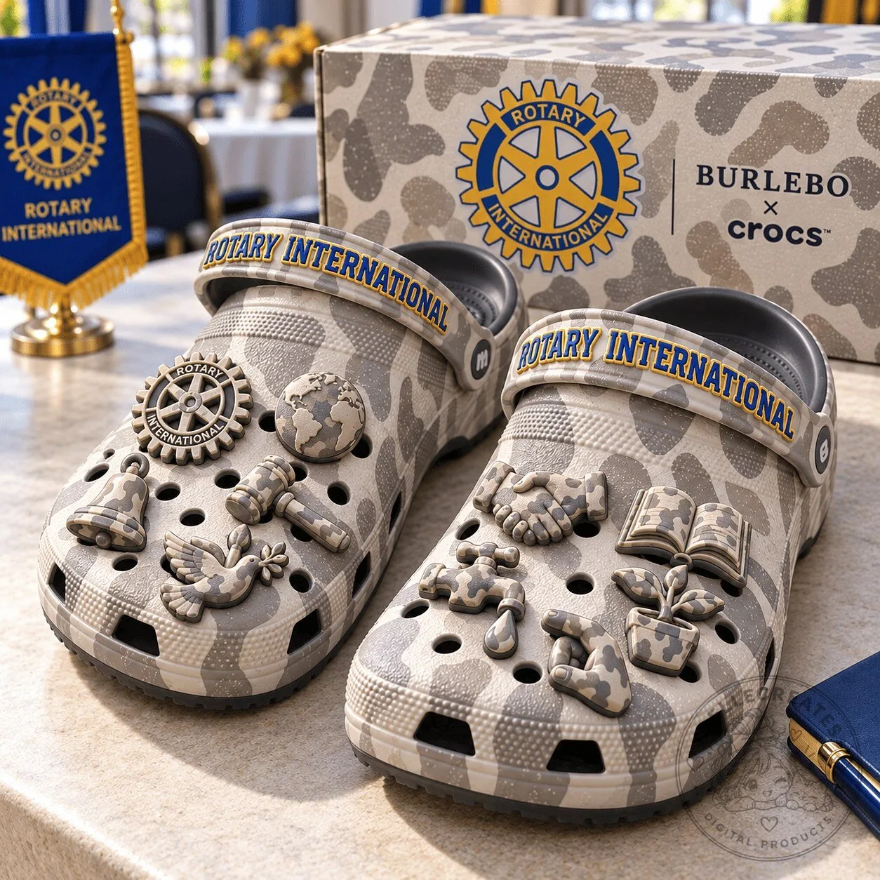 Rotary International Camouflage Crocs Shoes with Jibbitz Charms