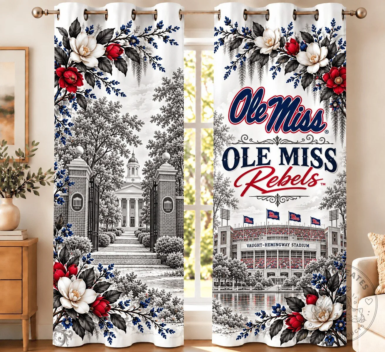 Ole Miss Rebels Football Team Spirit Floral Pattern Window Curtain